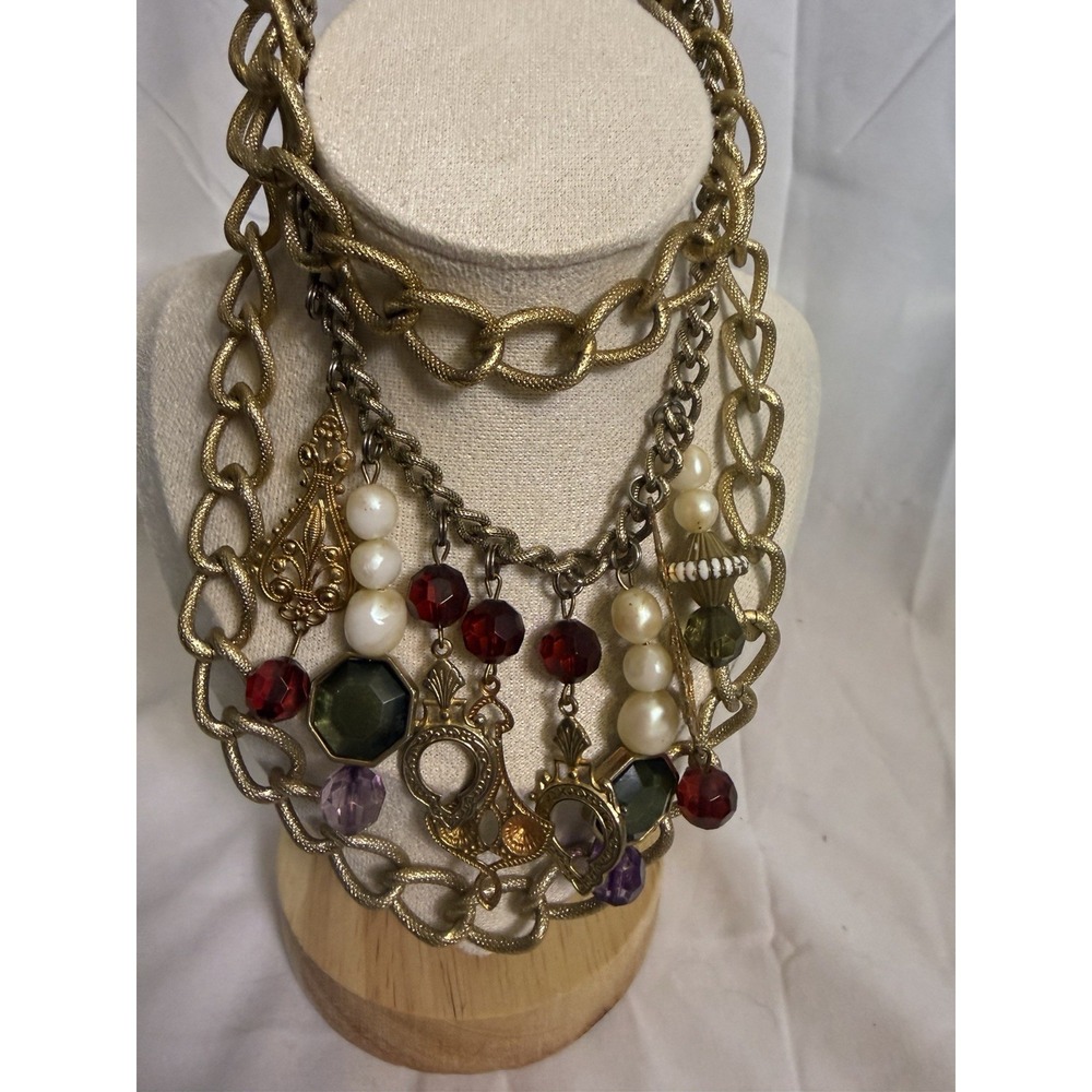 Vintage Gold Chain Dangle Charm Long Beaded Fashion Jewelry Necklace 15 Inches